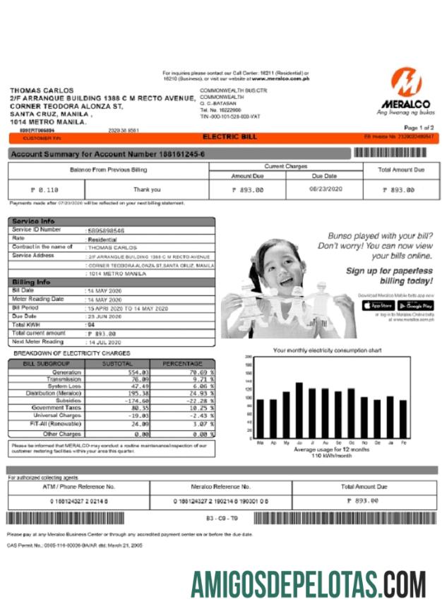para download Modelo de conta de serviço público de eletricidade Meralco das Filipinas, totalmente editável em formato PSD